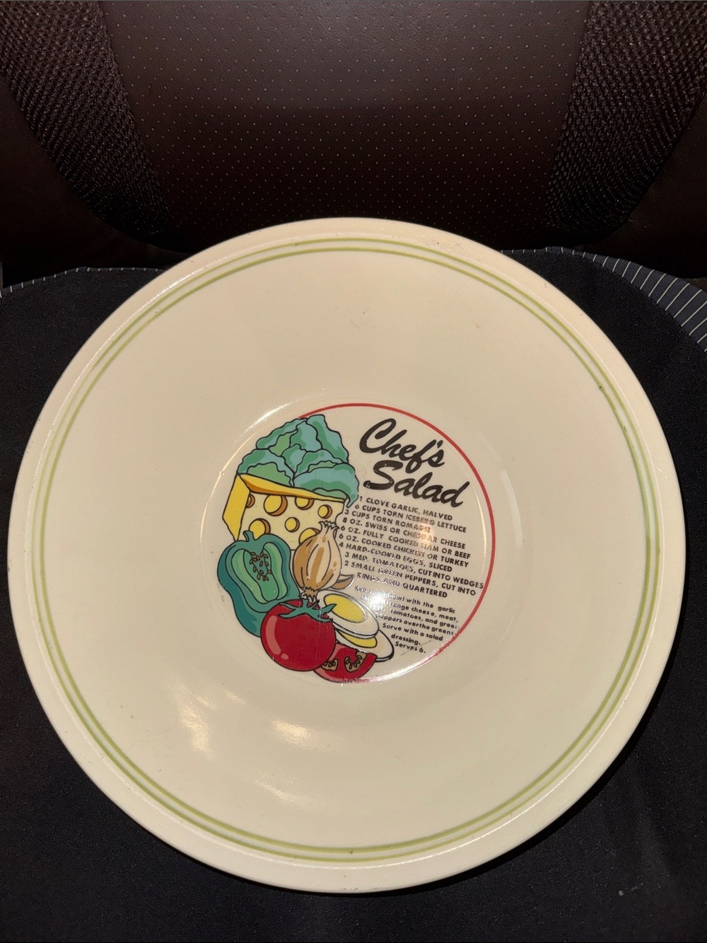 Chef's Salad Cream Ceramic Serving Bowl with Green Trim